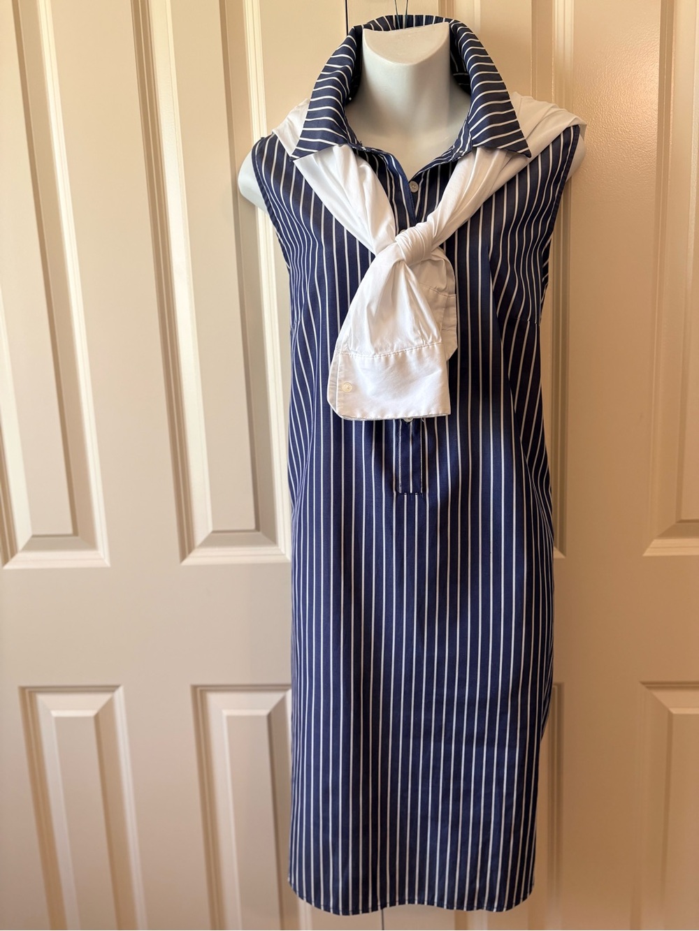 Navy and White Striped Sleeveless Shirt Dress, size L